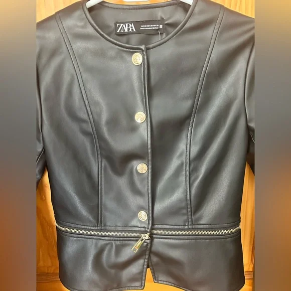 NWT ZARA Black 2 in 1 Faux Leather Snap Jacket Zip Crop Length Sz xs - Picture 10 of 16